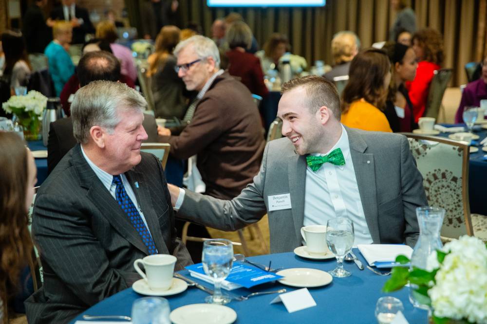 Benjamin Parsell talking with President Haas at Scholarship Dinner 2019